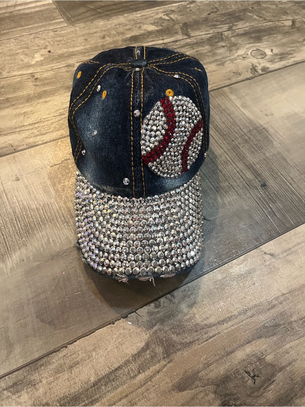 Rhinestone Baseball Denim Distressed Adjustable Baseball Cap Bling Hat Women’s